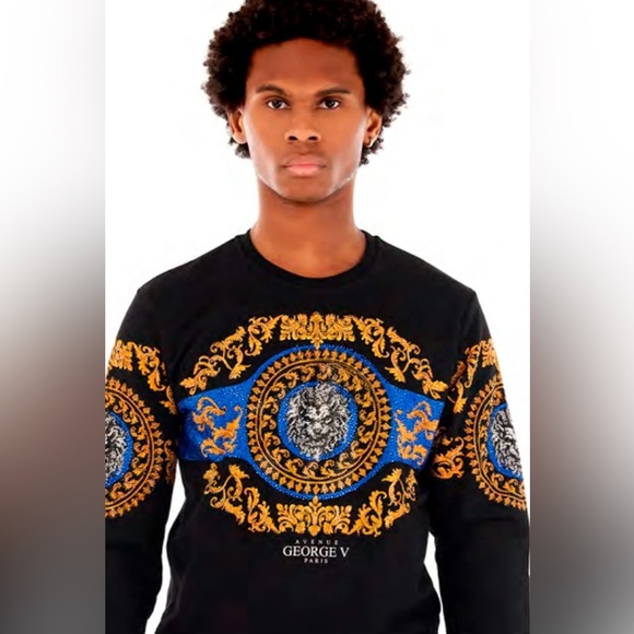 GEORGE V PARIS Men's Black Crewneck Sweater with Gold and Blue Accents - Picture 1 of 10